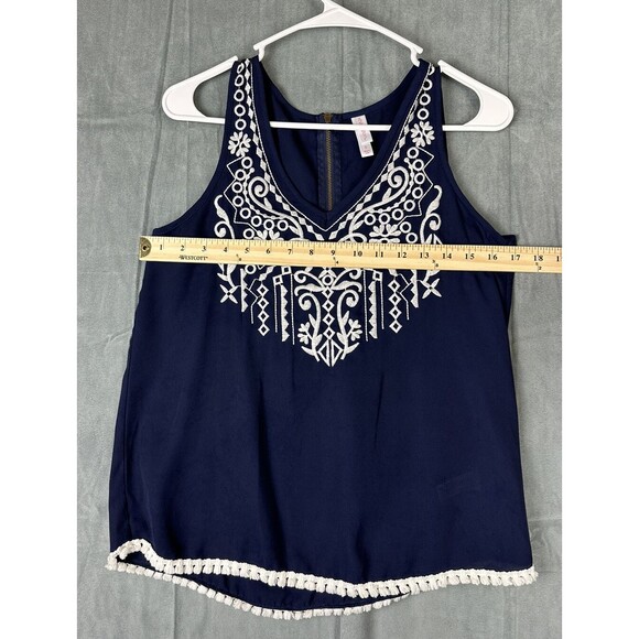 Womens Embroidered Exhilaration Blue White Tank Top Size Small S Zip Back - Picture 6 of 6